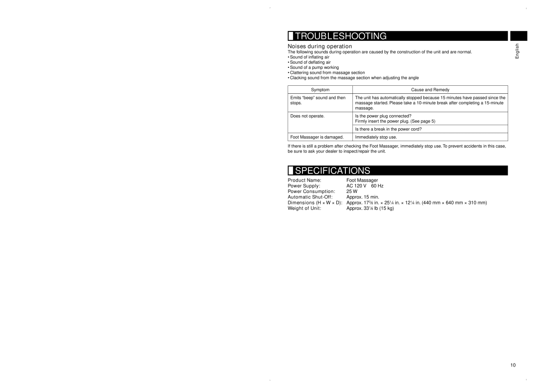 Panasonic EP30102 operating instructions Troubleshooting, Specifications, Noises during operation 