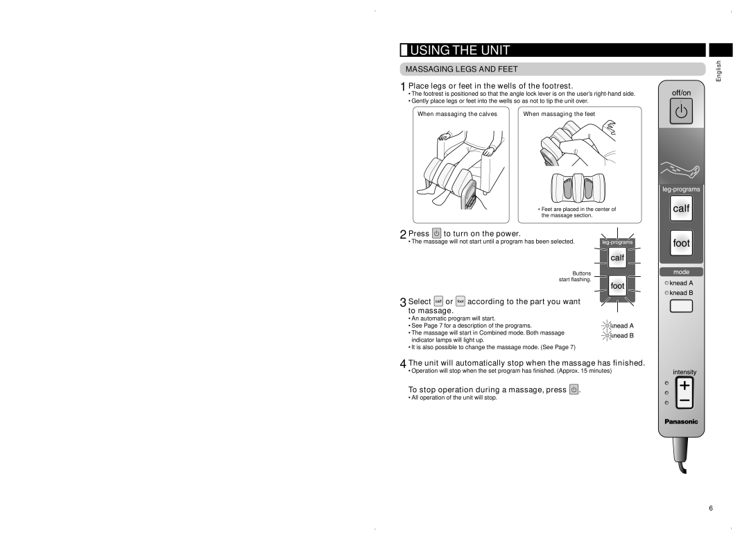 Panasonic EP30102 operating instructions Using the Unit, Massaging Legs and Feet 