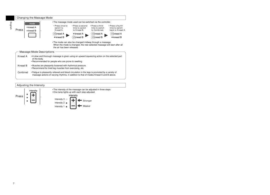 Panasonic EP30102 Press, Changing the Massage Mode, Massage Mode Descriptions, Adjusting the Intensity 