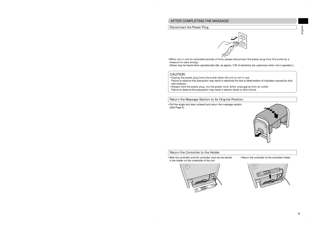 Panasonic EP30102 After Completing the Massage, Disconnect the Power Plug, Return the Controller to the Holder 