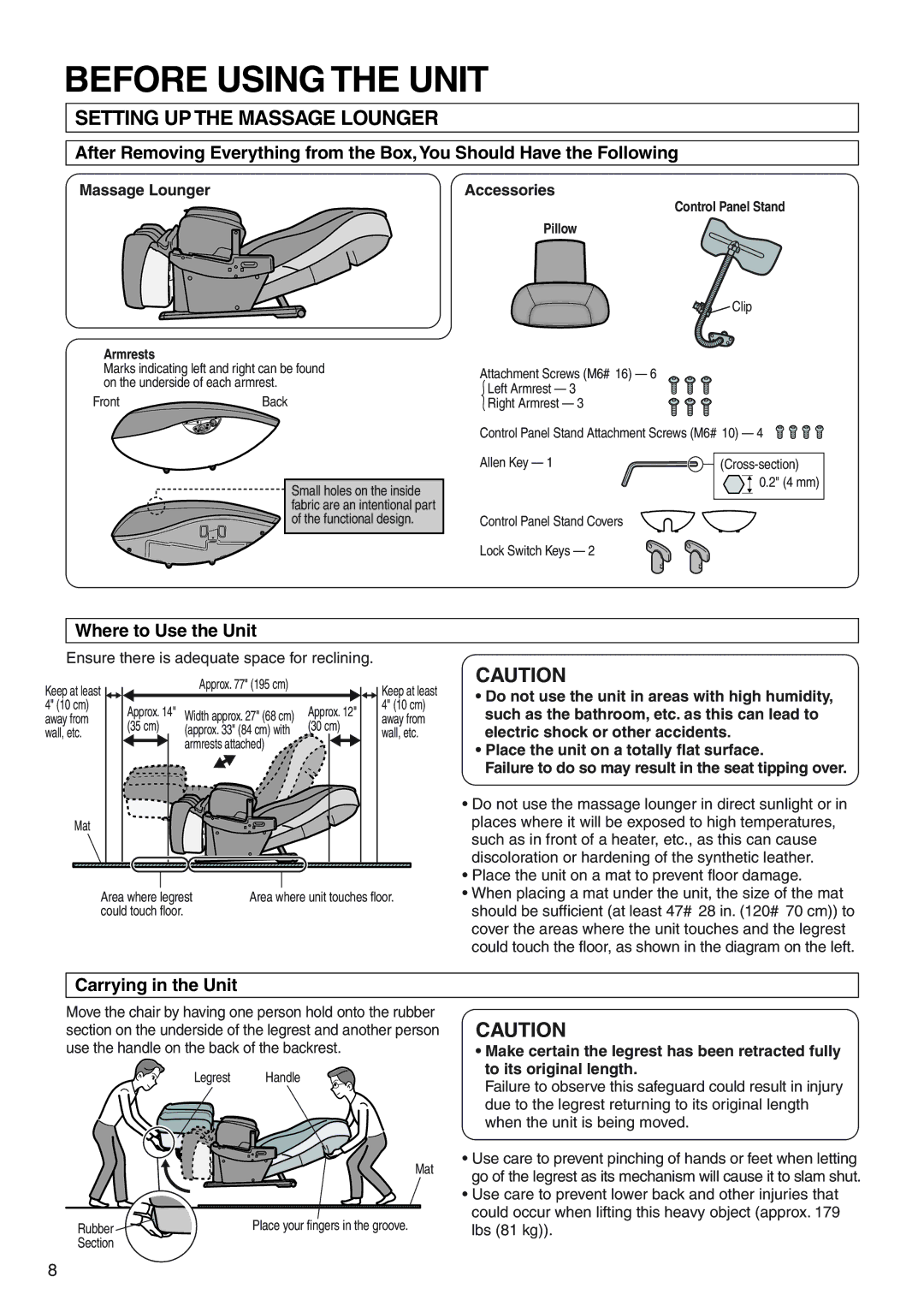 Panasonic EP322 manual Before Using the Unit, Setting UP the Massage Lounger, Where to Use the Unit, Carrying in the Unit 