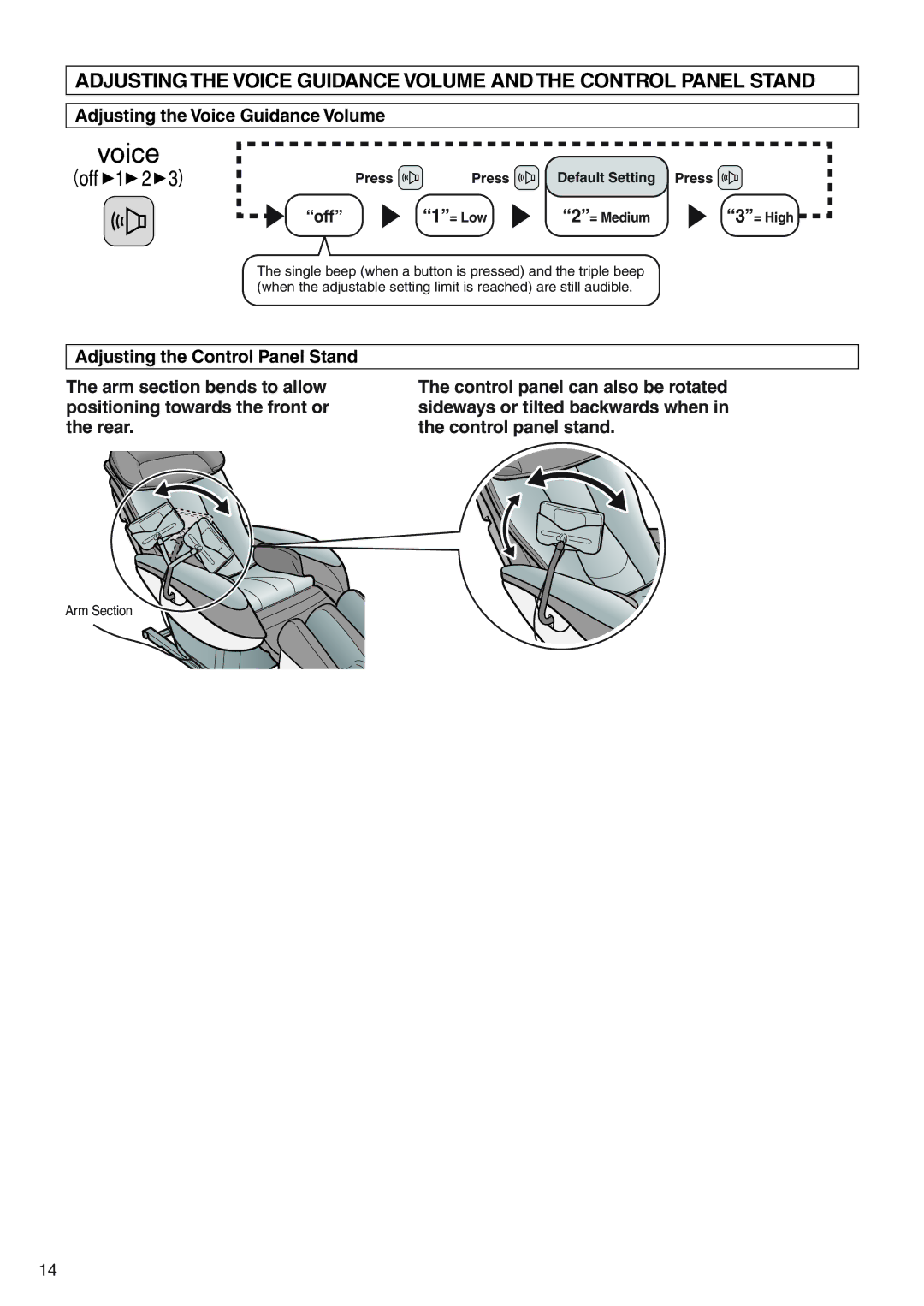 Panasonic EP322 manual Adjusting the Voice Guidance Volume, Off, Press Default Setting, = Low 