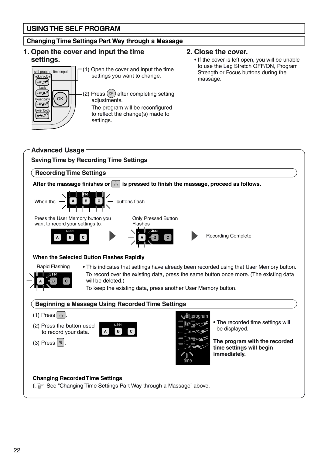 Panasonic EP322 manual Using the Self Program, Open the cover and input the time settings Close the cover 