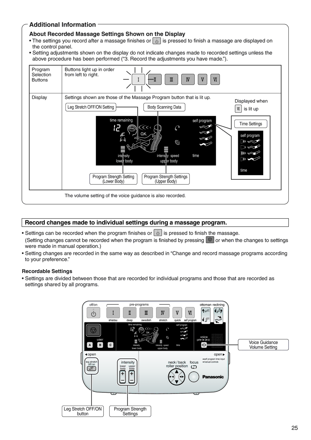 Panasonic EP322 manual About Recorded Massage Settings Shown on the Display, Recordable Settings 