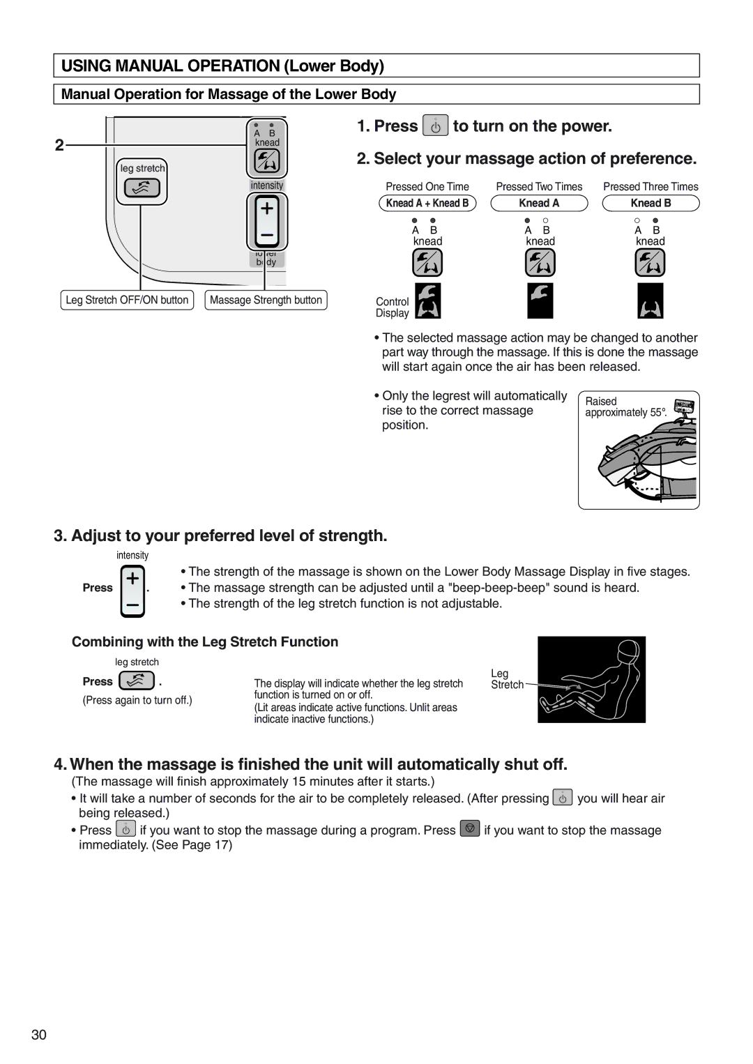 Panasonic EP322 manual Using Manual Operation Lower Body, Adjust to your preferred level of strength 