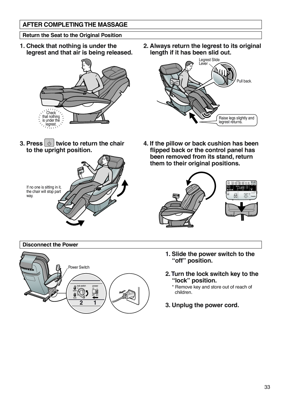 Panasonic EP322 manual After Completing the Massage, Press twice to return the chair to the upright position 