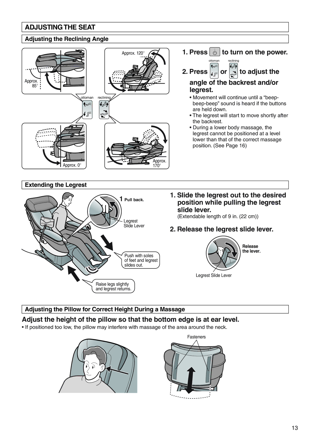 Panasonic EP3513 manual Adjusting the Seat 