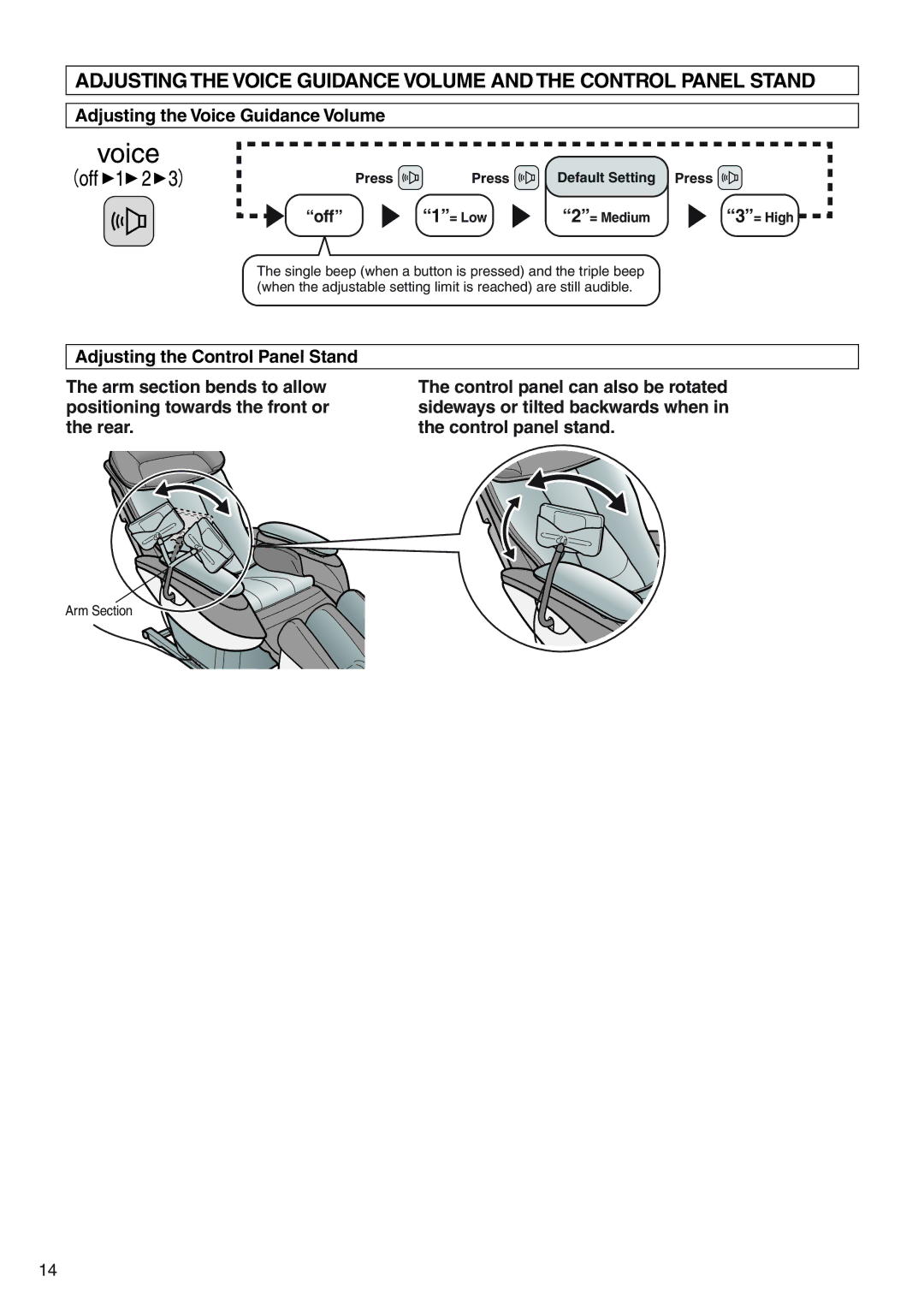 Panasonic EP3513 manual Adjusting the Voice Guidance Volume, Off, Press Default Setting, = Low 