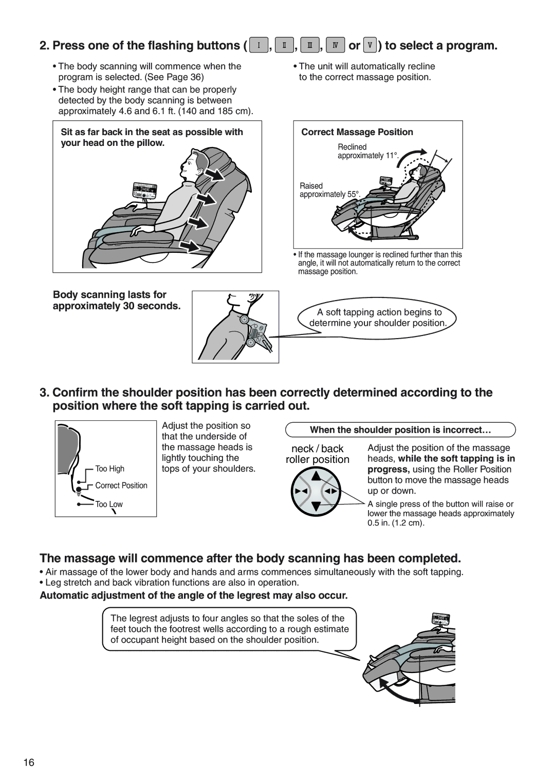 Panasonic EP3513 manual Body scanning lasts for approximately 30 seconds, When the shoulder position is incorrect… 