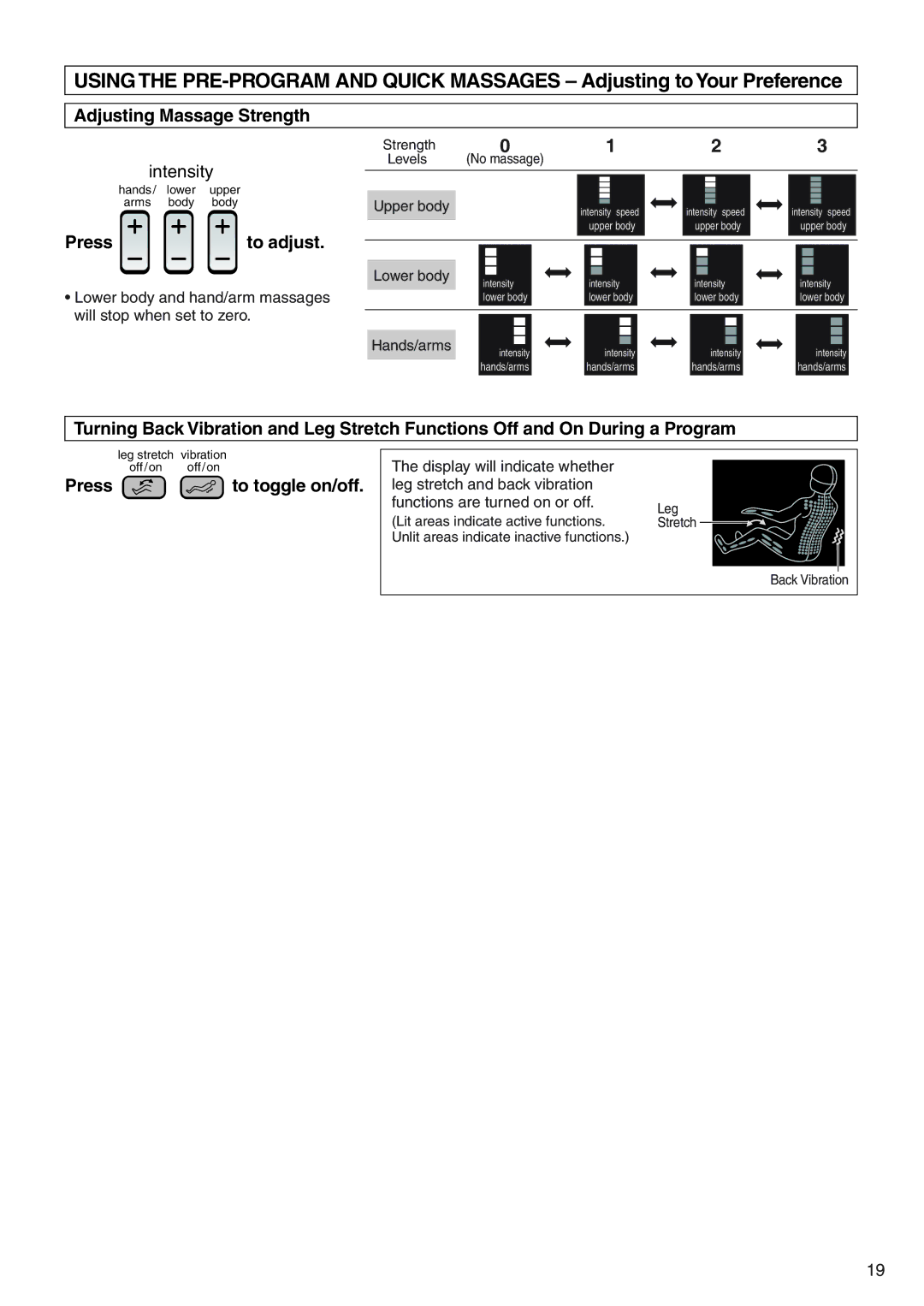 Panasonic EP3513 manual Adjusting Massage Strength, Press To adjust, Press to toggle on/off 