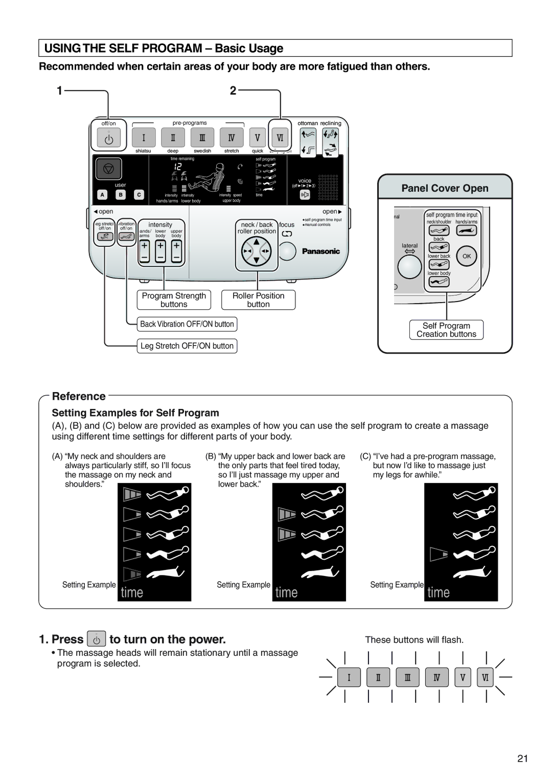 Panasonic EP3513 manual Using the Self Program Basic Usage, Panel Cover Open, Setting Examples for Self Program 