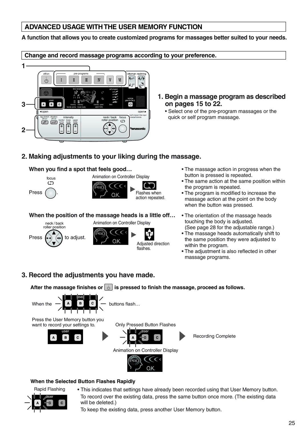 Panasonic EP3513 manual Advanced Usage with the User Memory Function, Begin a massage program as described on pages 15 to 