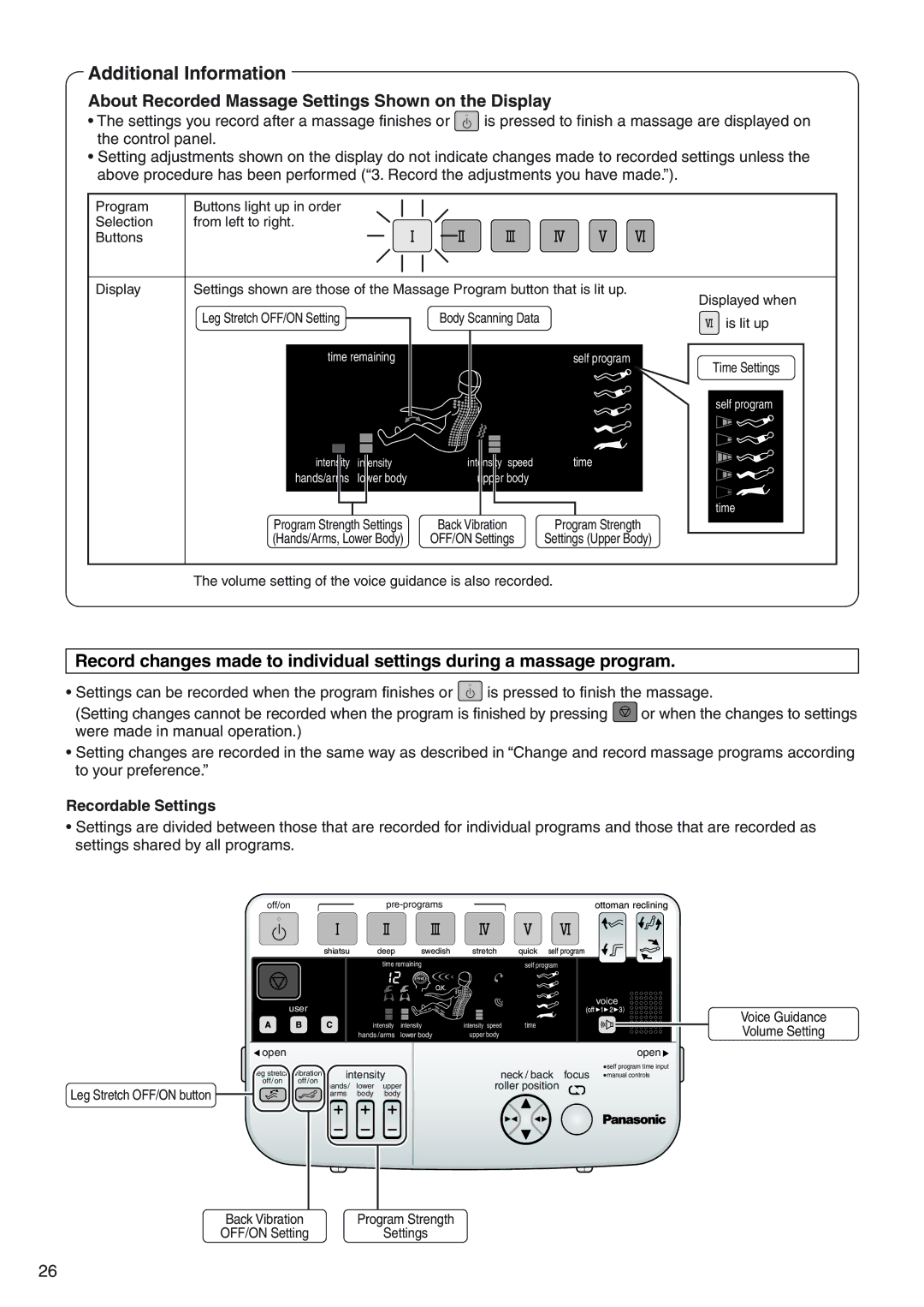 Panasonic EP3513 manual About Recorded Massage Settings Shown on the Display, Recordable Settings 