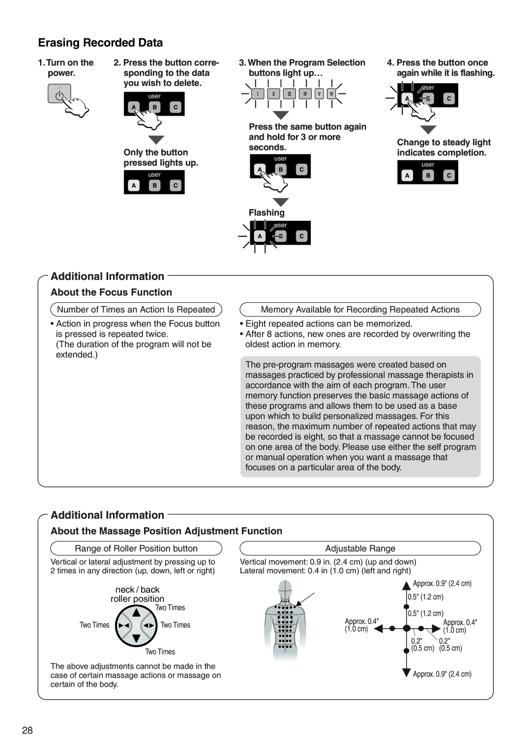 Panasonic EP3513 manual Erasing Recorded Data, About the Focus Function, About the Massage Position Adjustment Function 