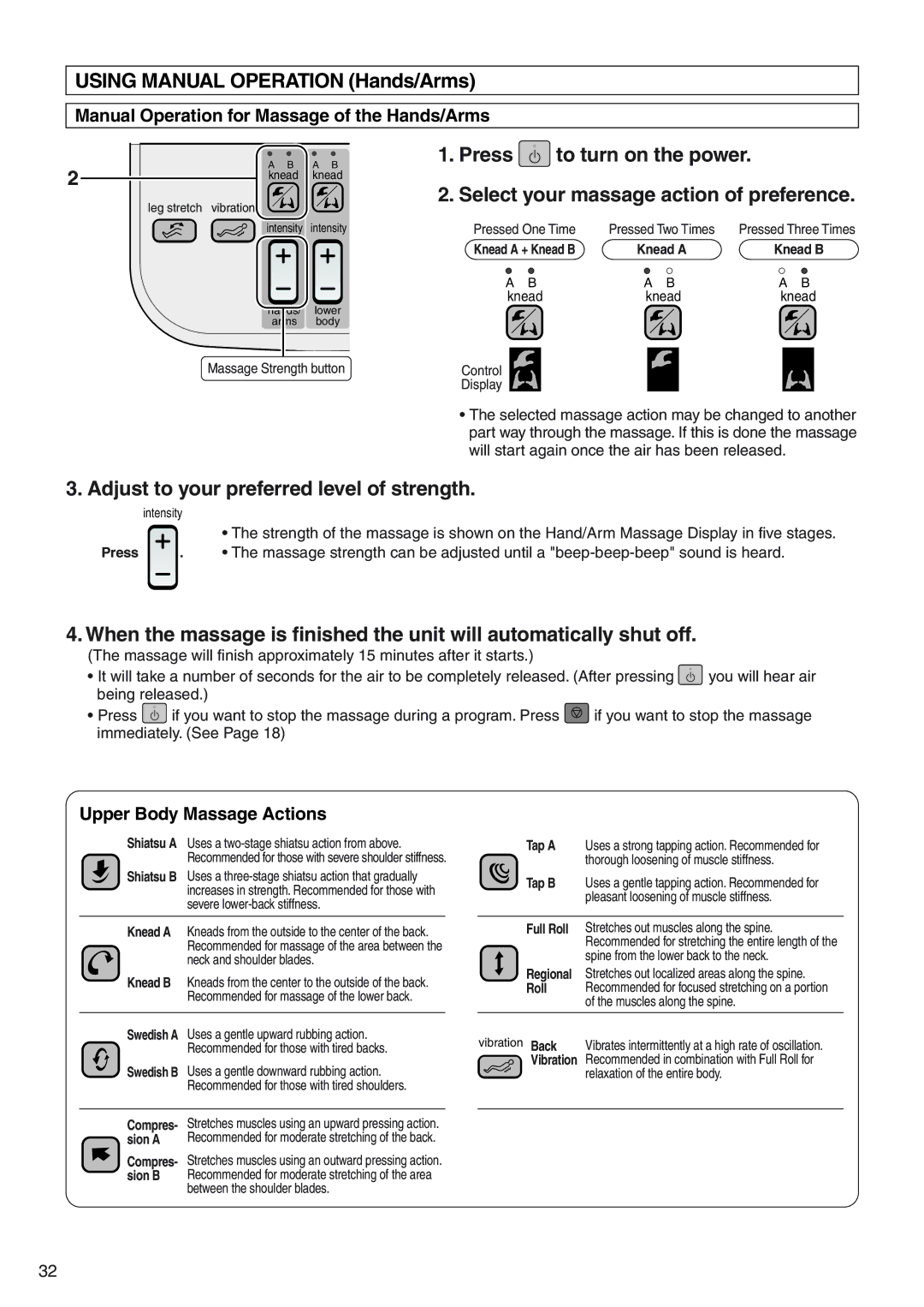 Panasonic EP3513 manual Using Manual Operation Hands/Arms, Manual Operation for Massage of the Hands/Arms 