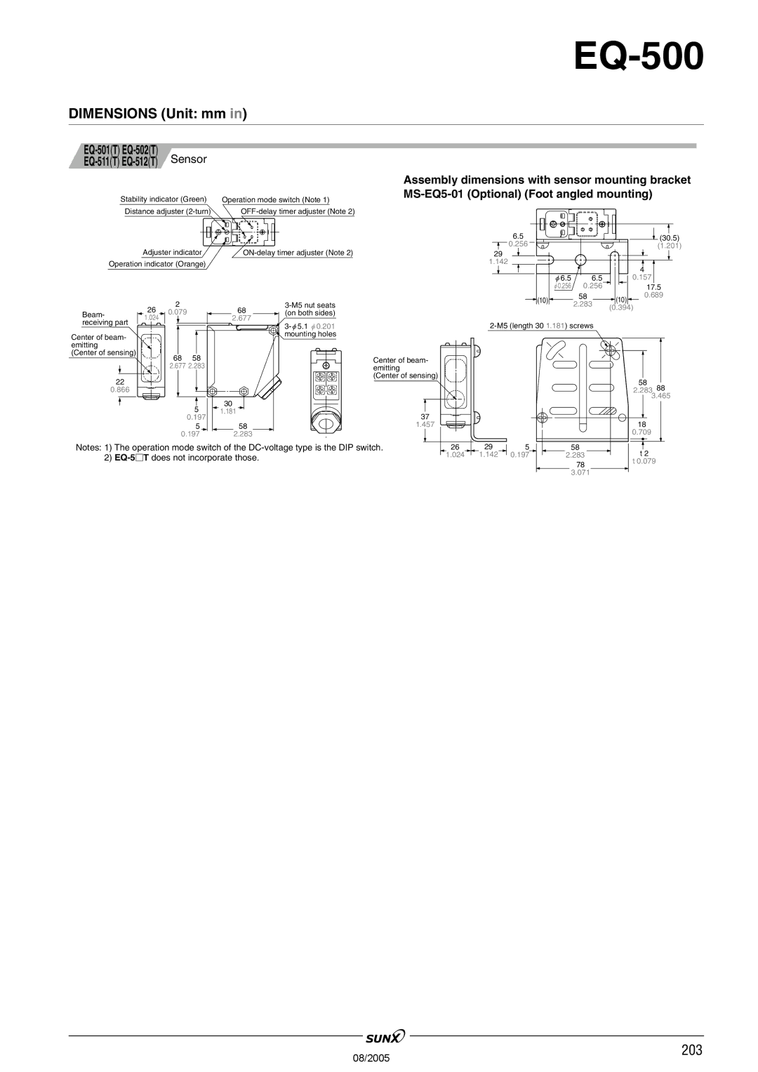 Panasonic EQ-500 Series manual Dimensions Unit mm, Assembly dimensions with sensor mounting bracket 