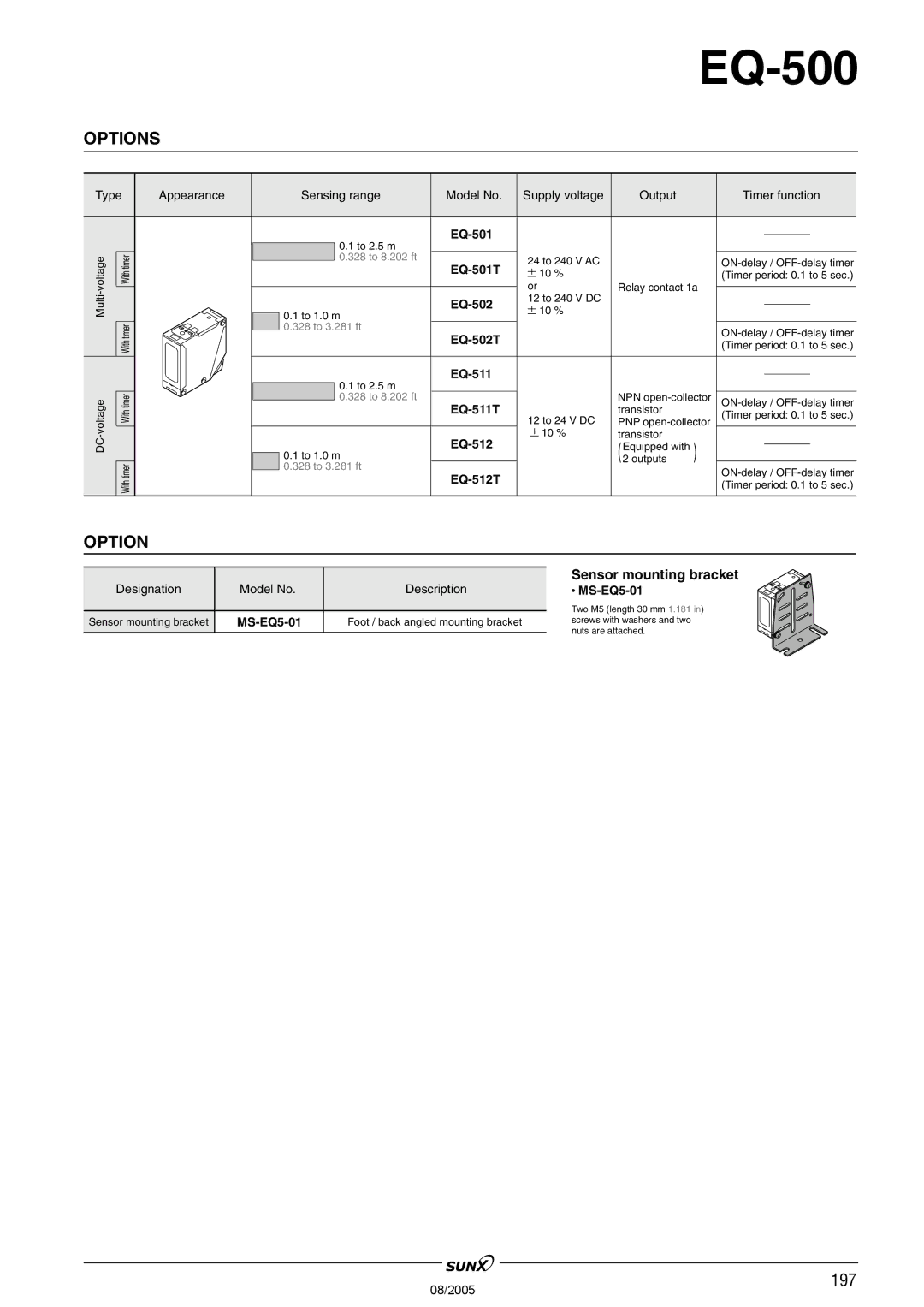 Panasonic EQ-500 Series manual Options, Sensor mounting bracket 