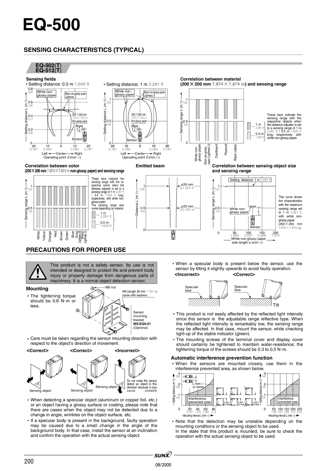 Panasonic EQ-500 Series manual Sensing Characteristics Typical, Mounting, Automatic interference prevention function 