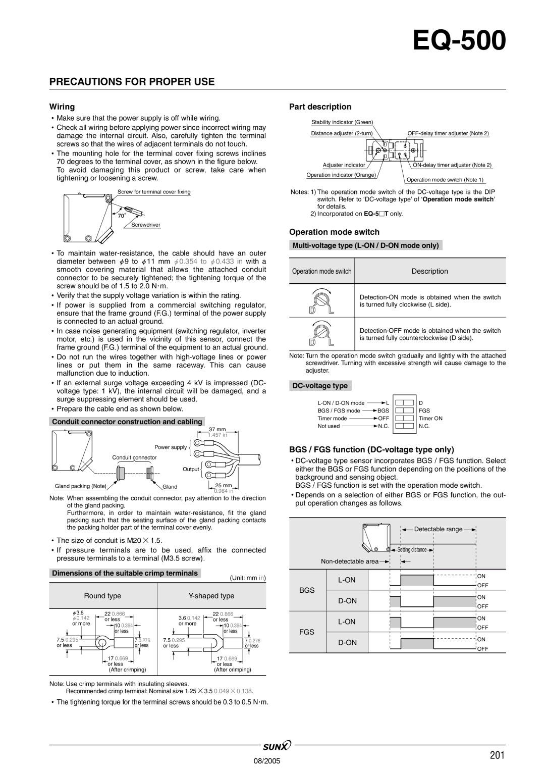 Panasonic EQ-500 Series manual Precautions for Proper USE, Wiring, Part description, Operation mode switch 