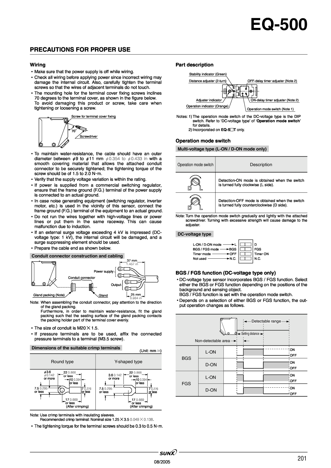 Panasonic EQ-500 Series manual Precautions For Proper Use, Wiring, Part description, Operation mode switch, DC-voltagetype 