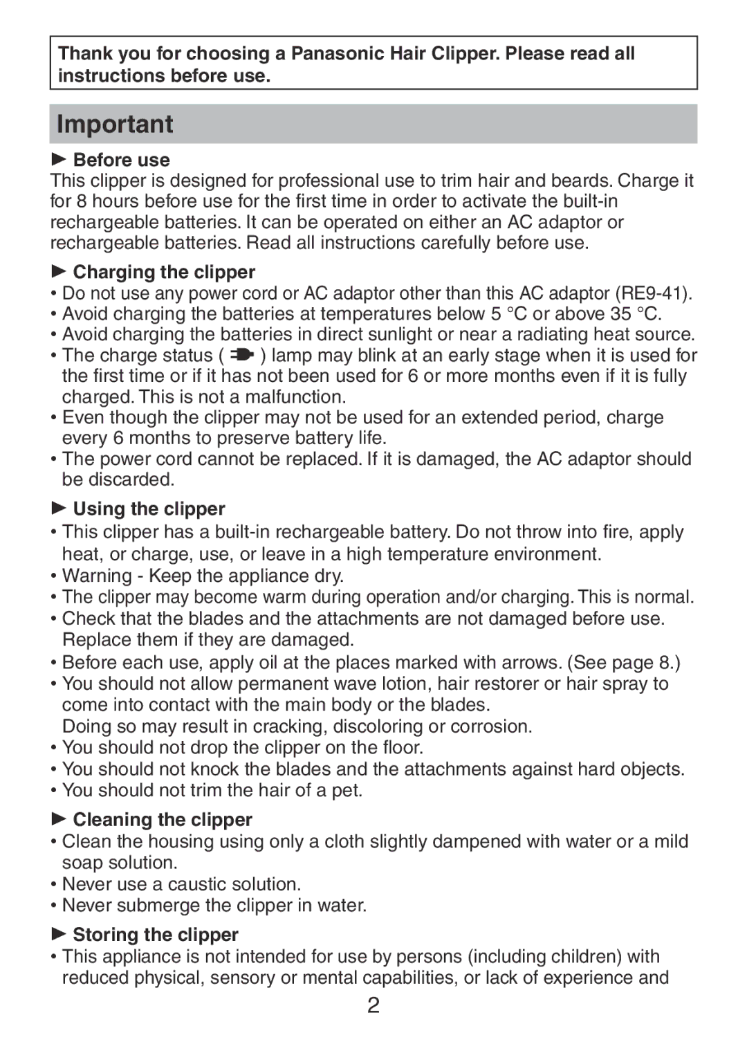 Panasonic ER1511  Charging the clipper,  Using the clipper,  Cleaning the clipper,  Storing the clipper 