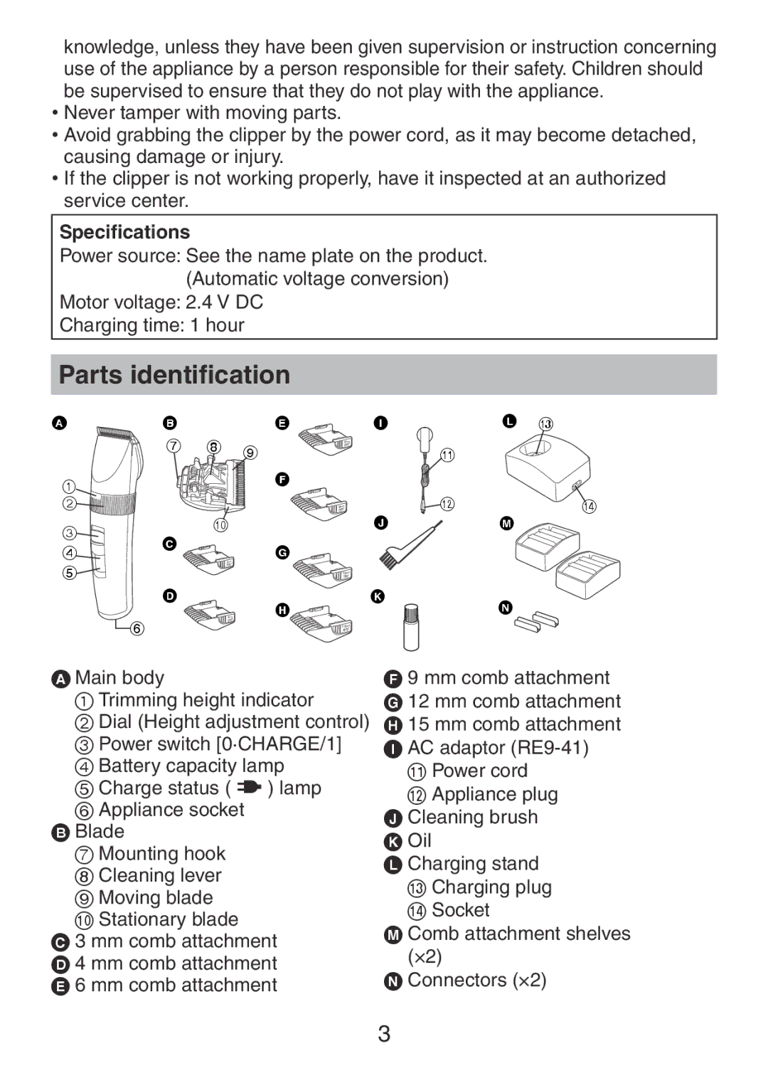 Panasonic ER1511 operating instructions Parts identification, Specifications 