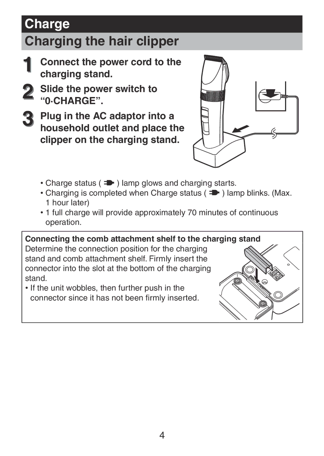 Panasonic ER1511 Charge, Charging the hair clipper, Connecting the comb attachment shelf to the charging stand 