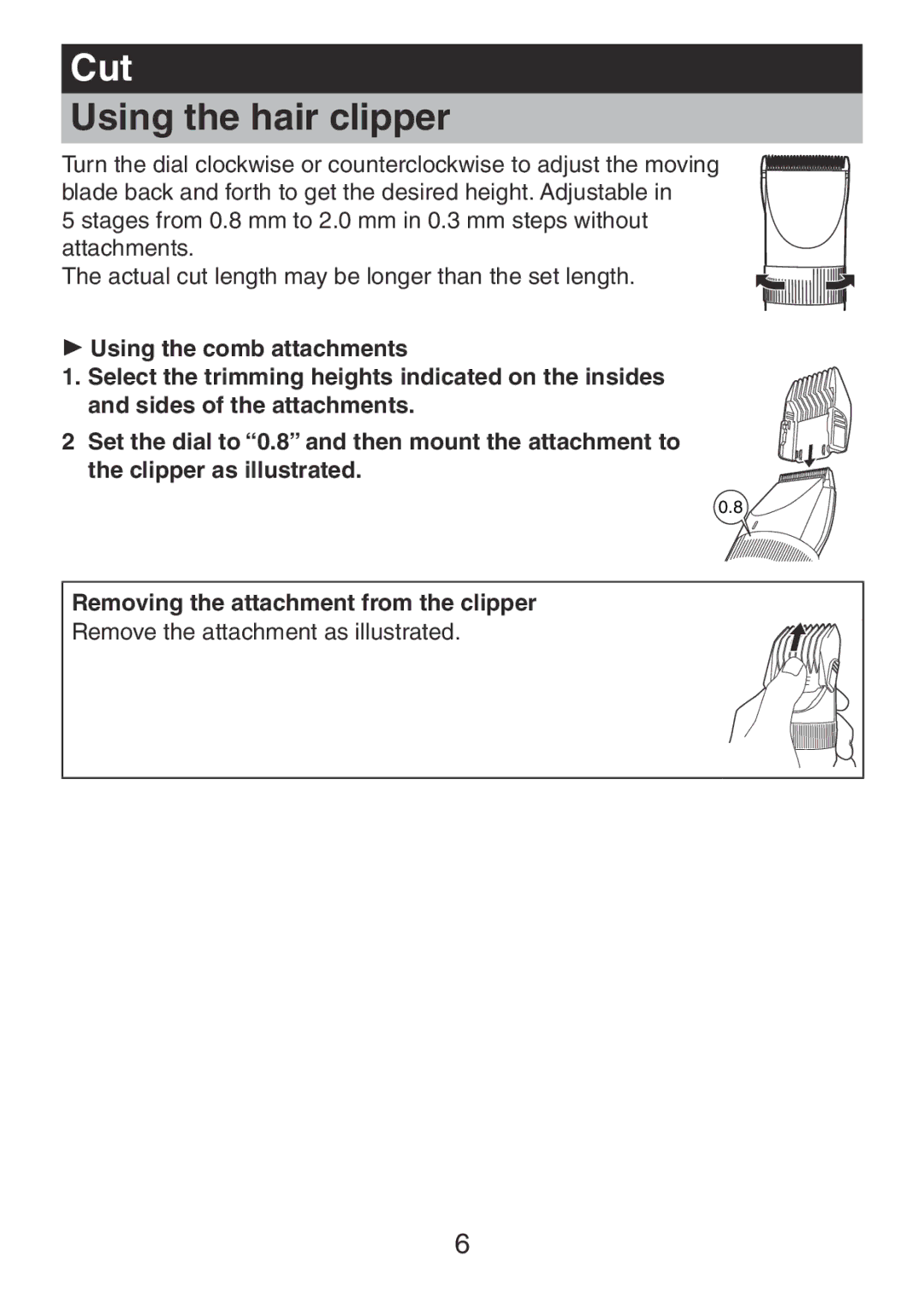 Panasonic ER1511 operating instructions Cut, Using the hair clipper 