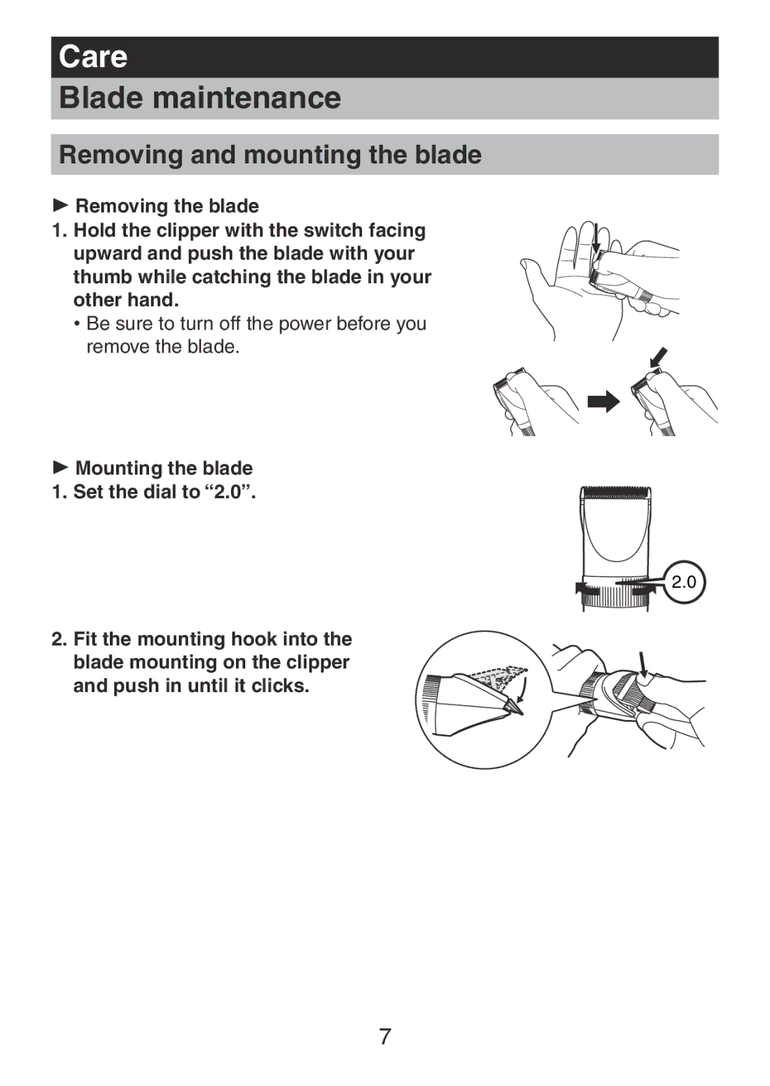 Panasonic ER1511 operating instructions Care, Blade maintenance, Removing and mounting the blade 