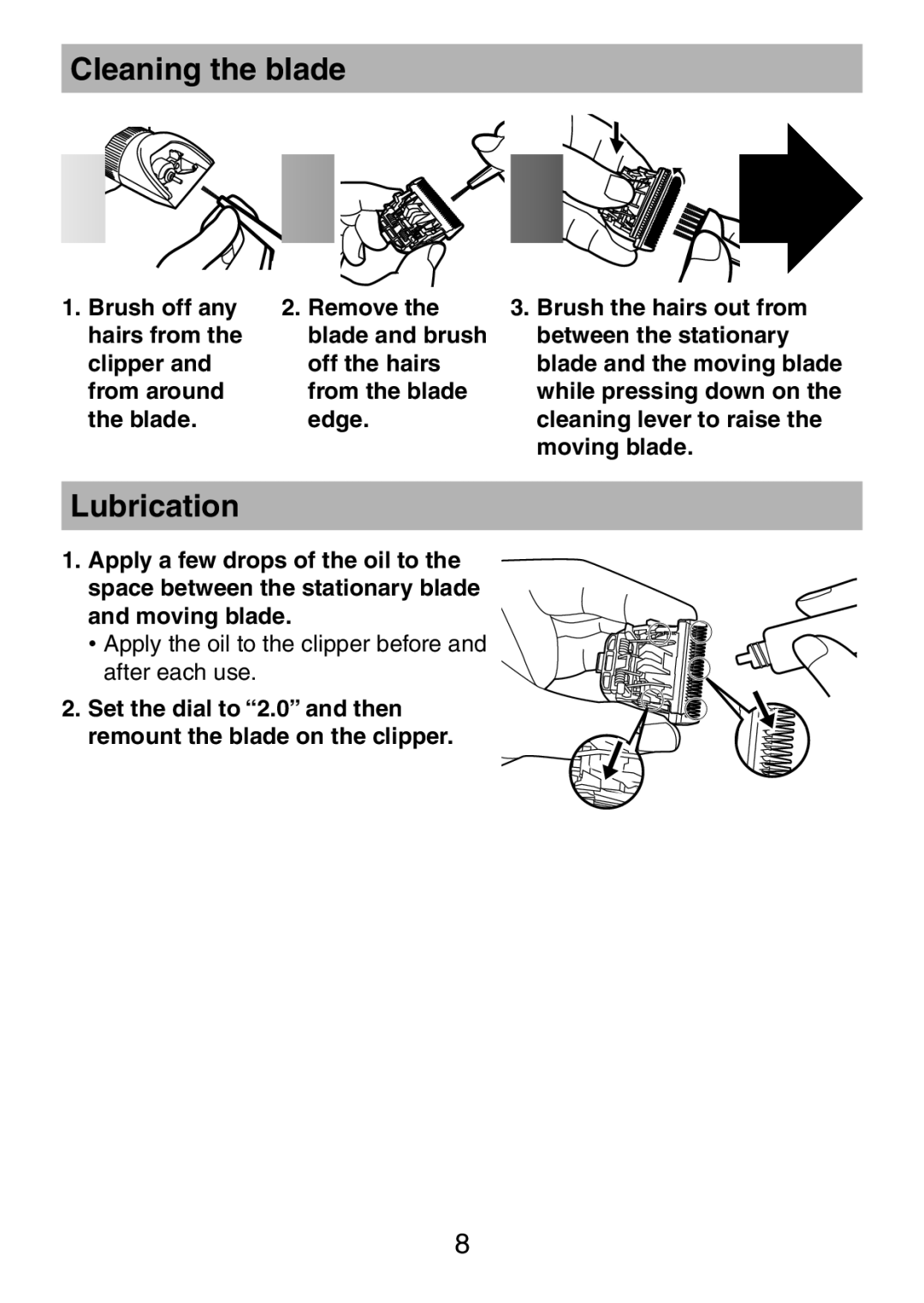 Panasonic ER1511 operating instructions Cleaning the blade, Lubrication, Brush off any Remove Hairs from 