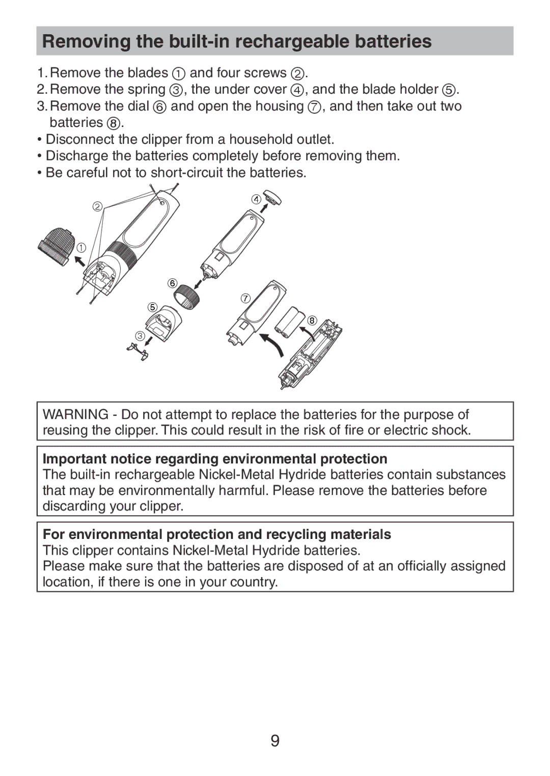 Panasonic ER1511 Removing the built‑in rechargeable batteries, Important notice regarding environmental protection 