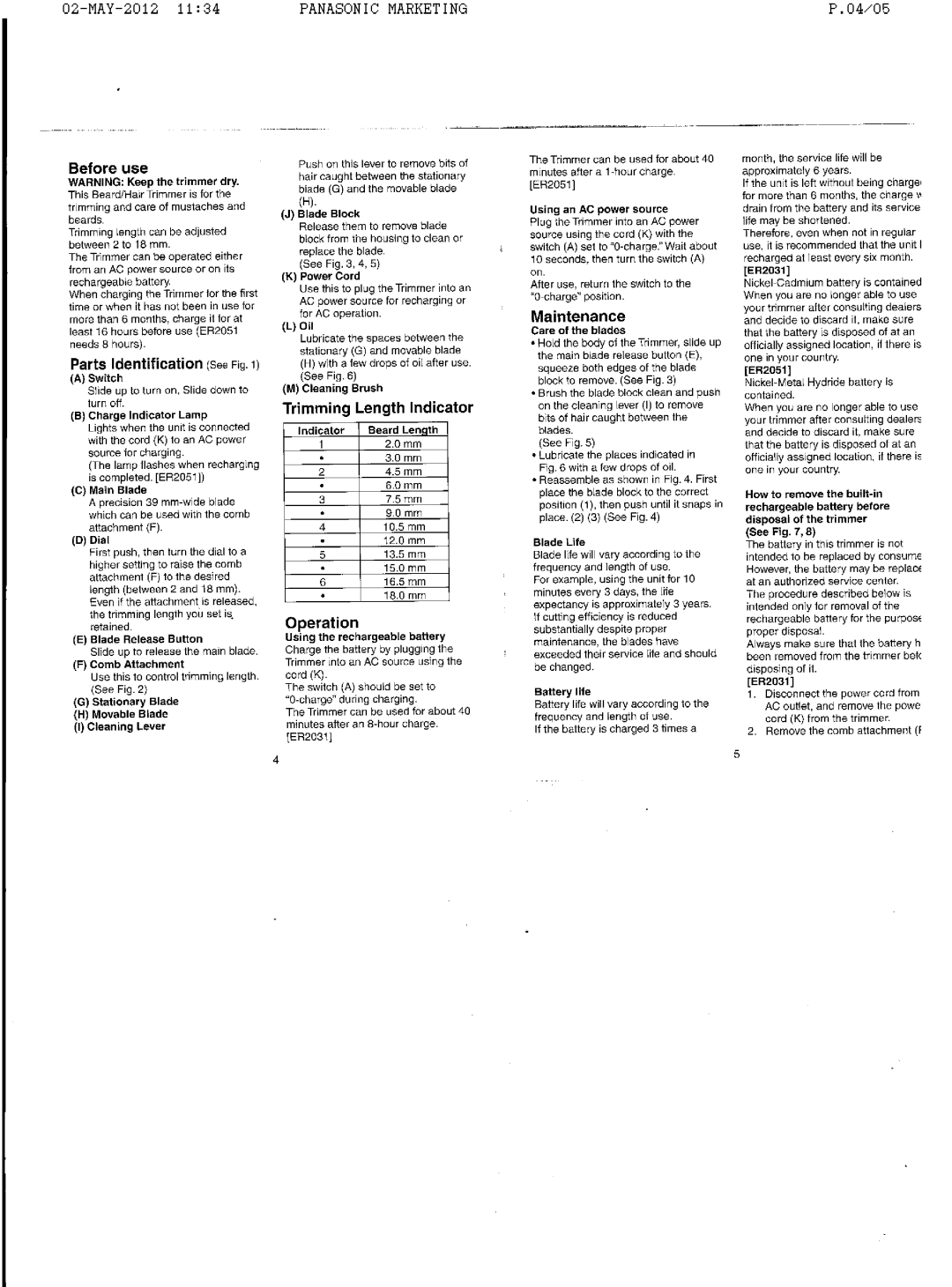 Panasonic ER2031/2051 manual 