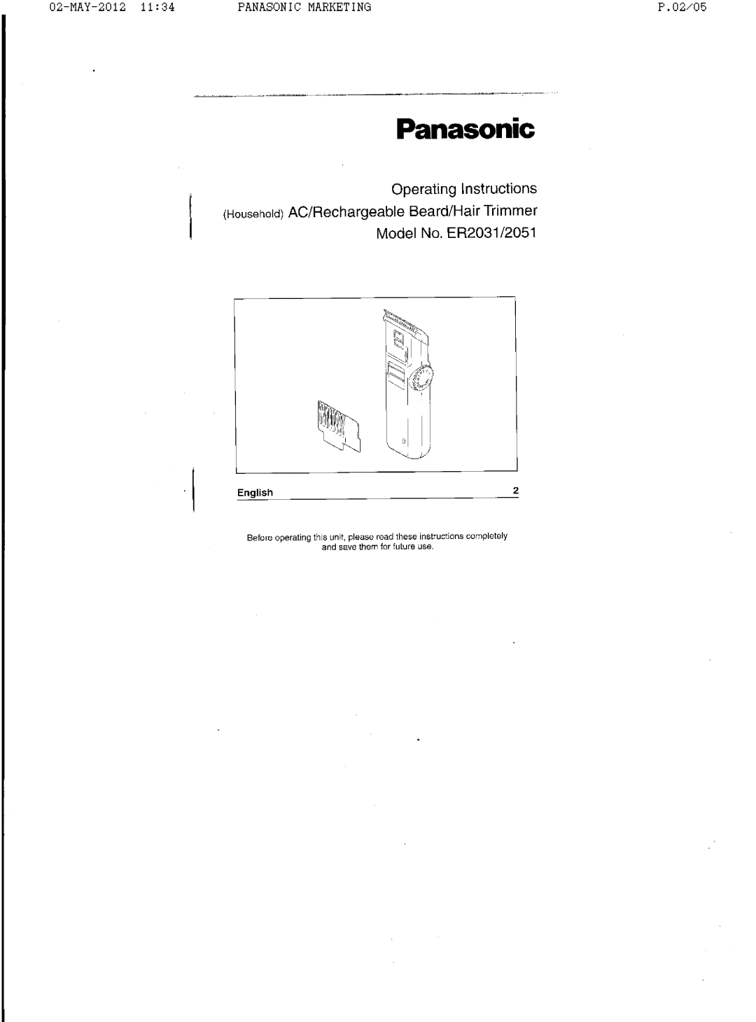 Panasonic ER2031/2051 manual 