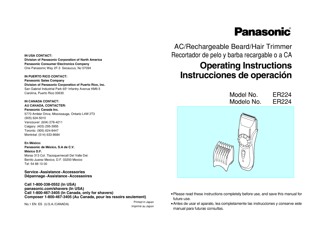 Panasonic ER224 operating instructions Operating Instructions Instrucciones de operación 