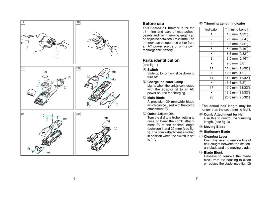 Panasonic ER224 operating instructions Before use, Parts identification 