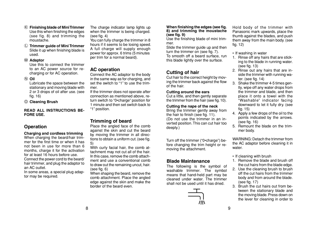 Panasonic ER224 operating instructions Operation, AC operation, Trimming of beard, Cutting of hair, Blade Maintenance 