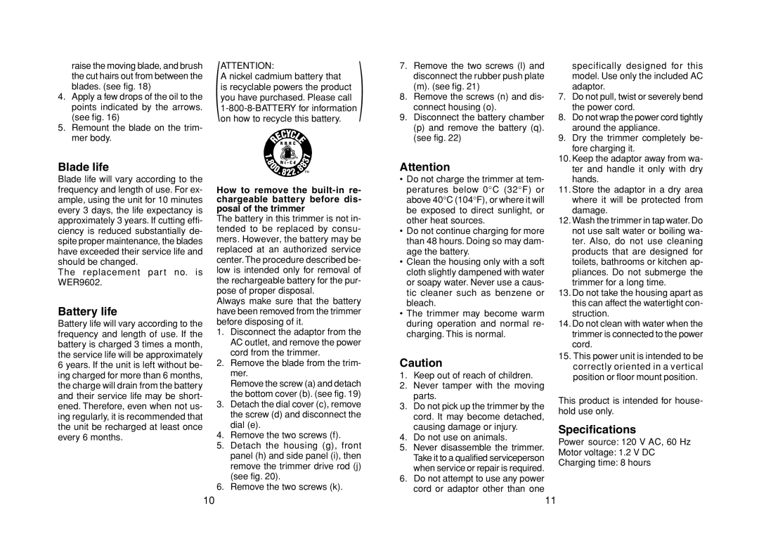 Panasonic ER224 operating instructions Blade life, Battery life, Specifications 