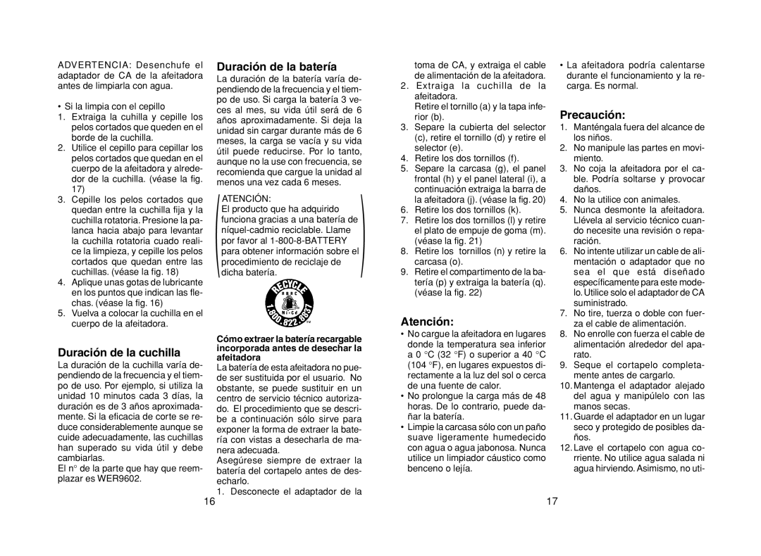 Panasonic ER224 operating instructions Duración de la cuchilla, Duración de la batería, Atención, Precaución 