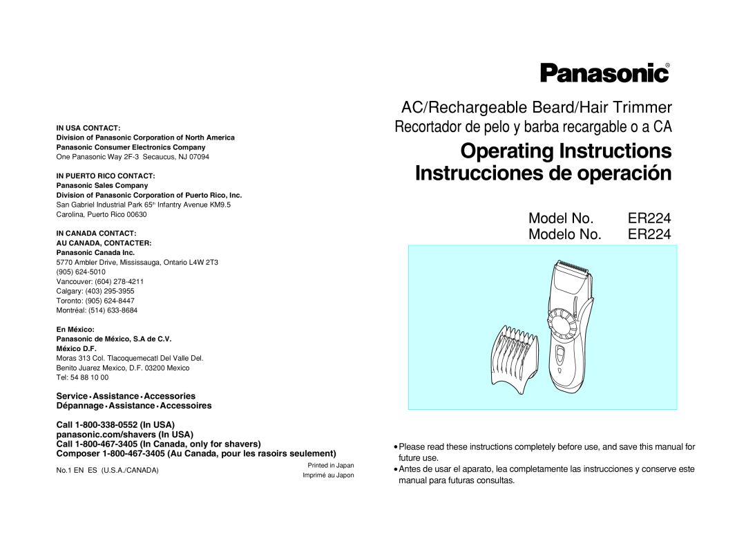 Panasonic operating instructions Operating Instructions Instrucciones de operación, Model No. ER224 Modelo No. ER224 