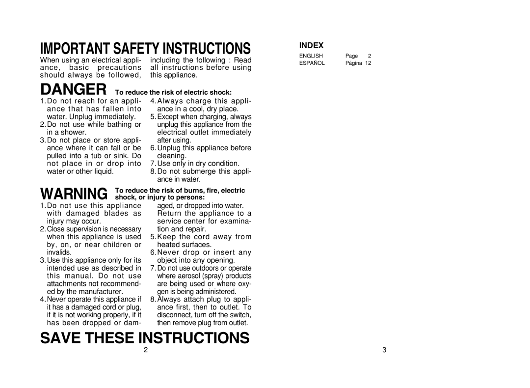 Panasonic ER224 operating instructions Important Safety Instructions, Index, Save These Instructions 