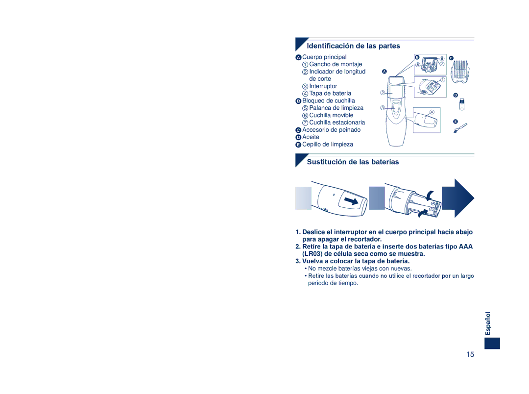 Panasonic ER2403 operating instructions Identificación de las partes, Sustitución de las baterías 