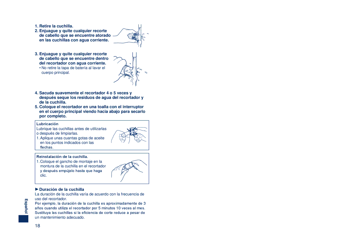 Panasonic ER2403 operating instructions Retire la cuchilla, Duración de la cuchilla 