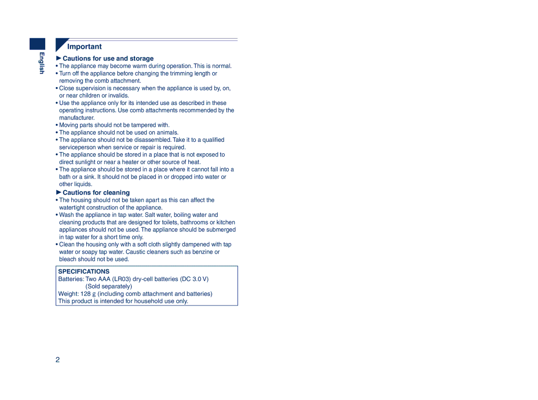 Panasonic ER2403 operating instructions Cautions for use and storage 