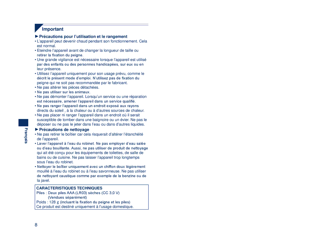 Panasonic ER2403 operating instructions Précautions pour l’utilisation et le rangement, Précautions de nettoyage 