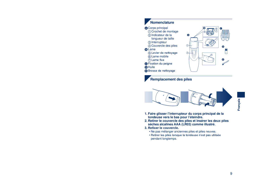 Panasonic ER2403 operating instructions Nomenclature, Remplacement des piles 