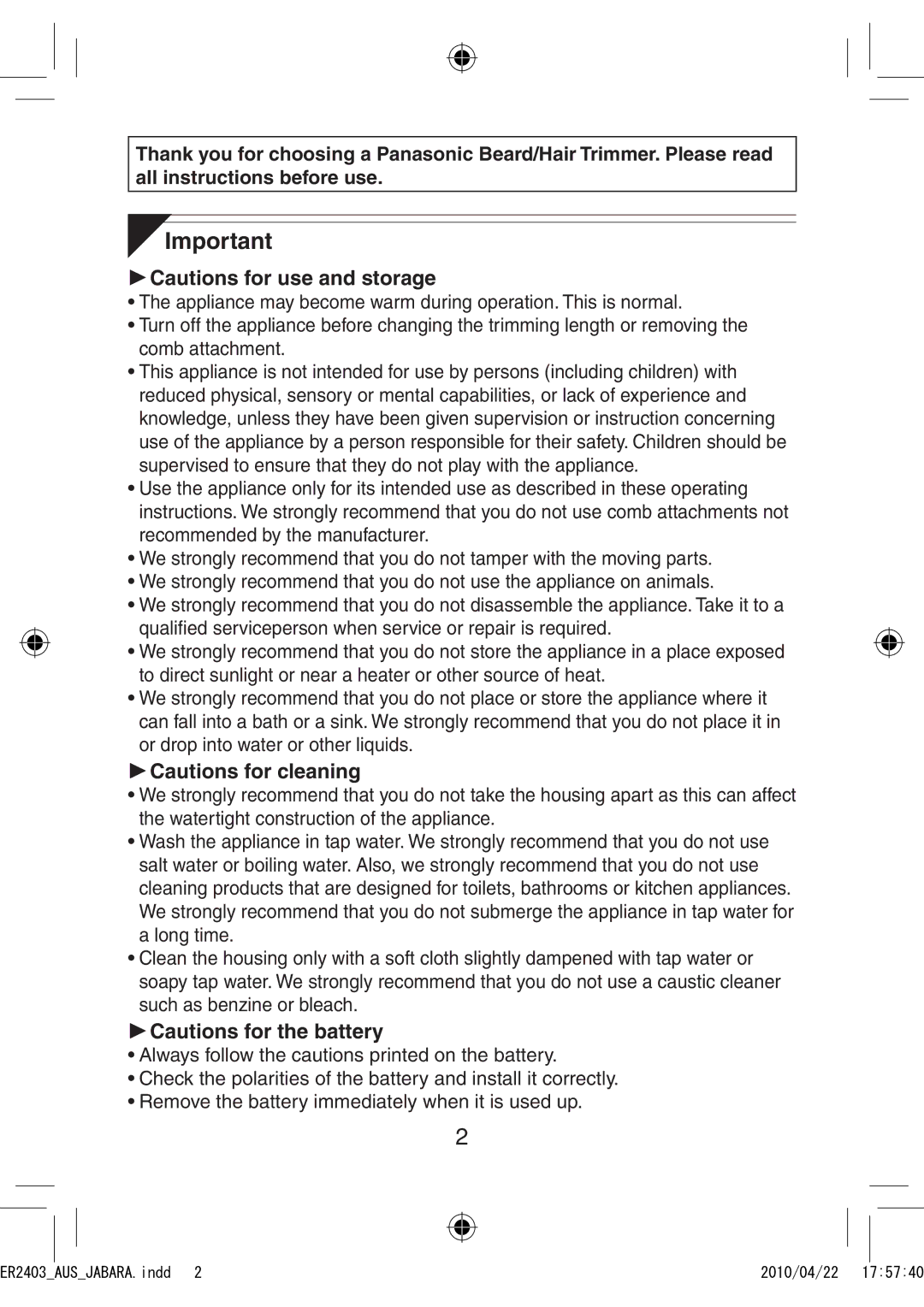 Panasonic ER2403 operating instructions B$86B-$%$5$LQGG  