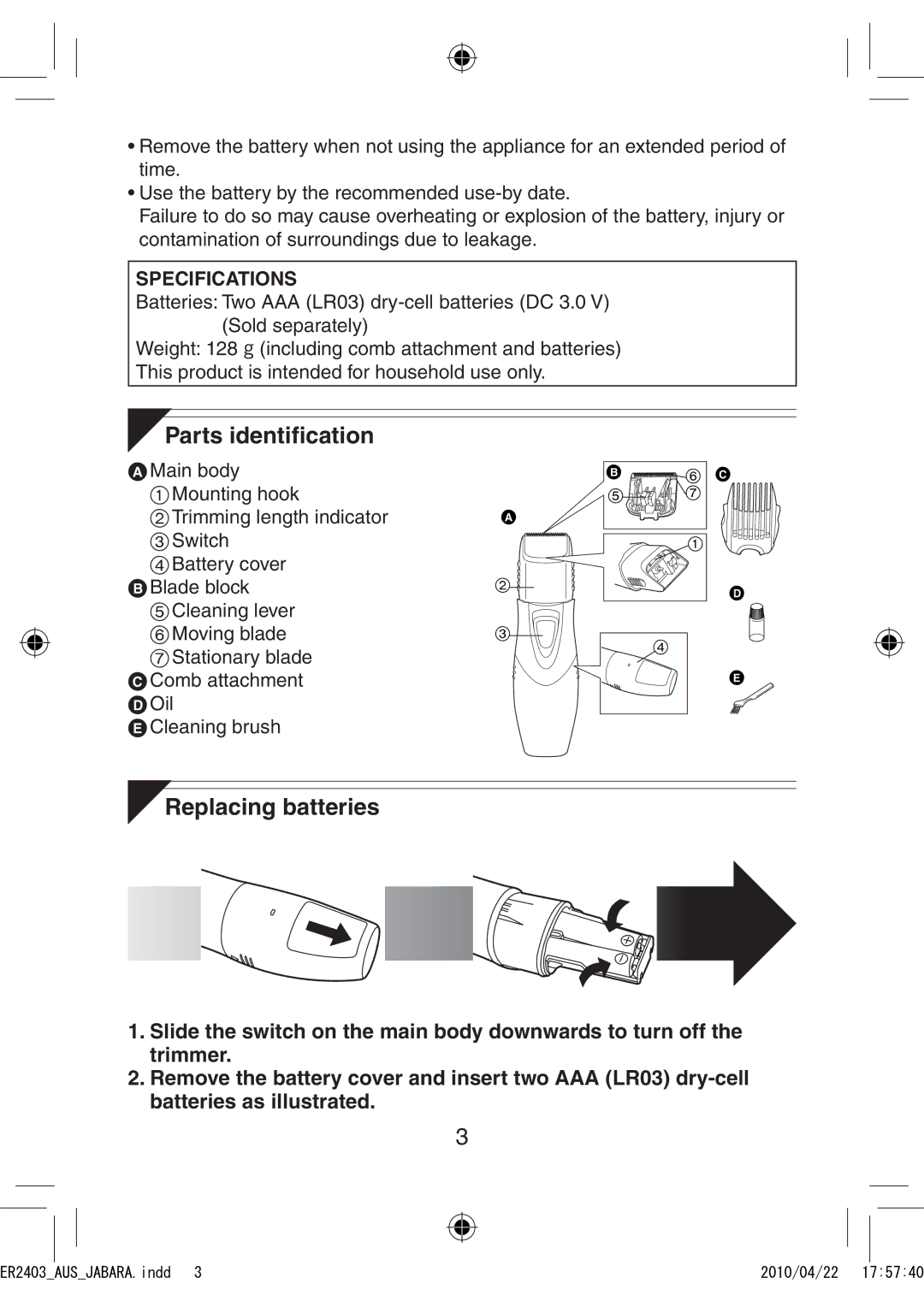 Panasonic ER2403 operating instructions Parts identiﬁcation, Replacing batteries 