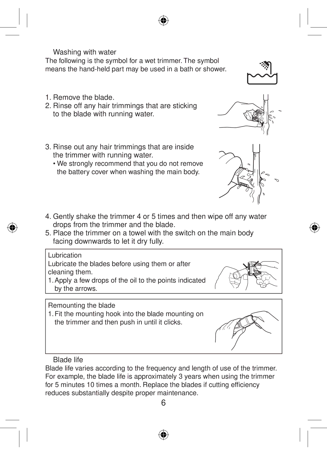 Panasonic ER2403 operating instructions Washing with water, Blade life 