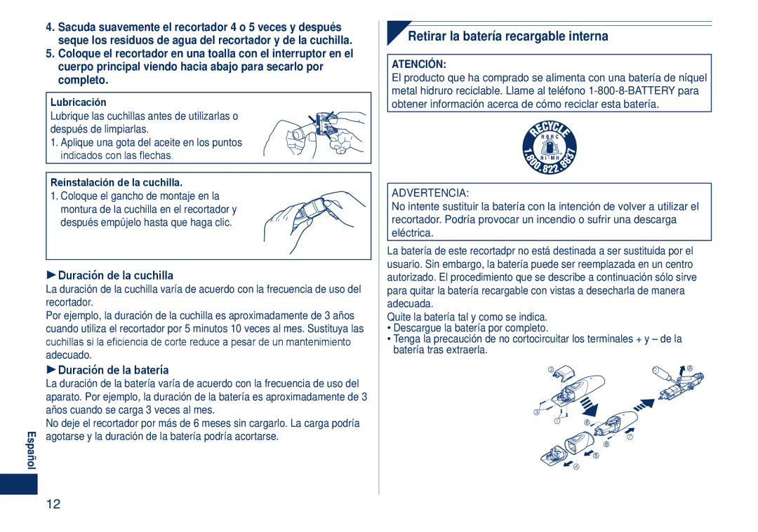 Panasonic ER2405 operating instructions Duración de la cuchilla, Duración de la batería 