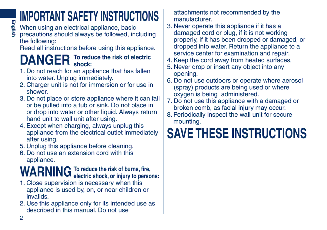 Panasonic ER2405 operating instructions Important Safety Instructions 